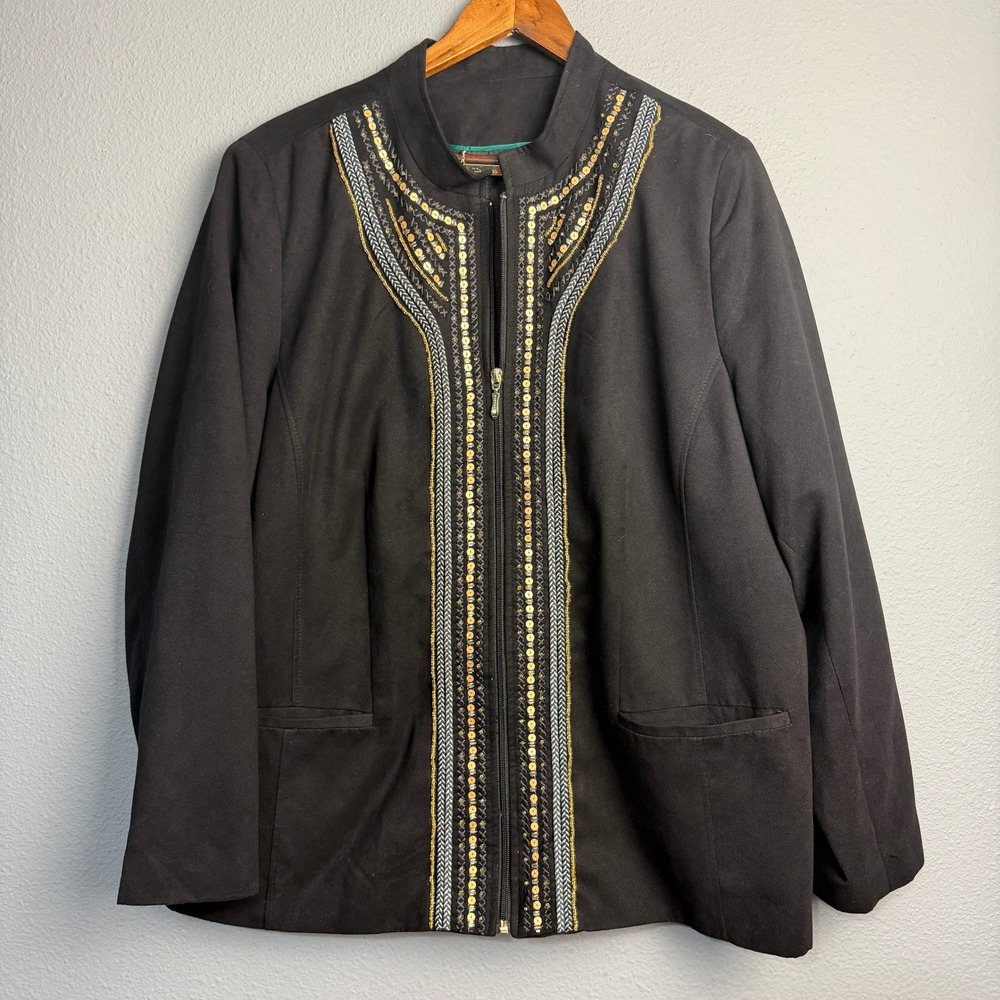 TanJay Black‎ Embellished Zip Front Jacket Women's Plus Sz 20W Artsy African